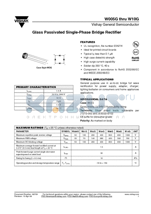 W005G_13 datasheet - Glass Passivated Single-Phase Bridge Rectifier