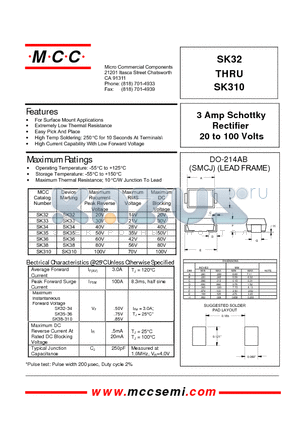 SK310 datasheet - 3 Amp Schottky Rectifier 20 to 100 Volts