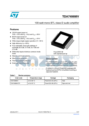 TDA7498MV datasheet - 100-watt mono BTL class-D audio amplifier