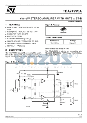TDA7499SA datasheet - 6W6W STEREO AMPLIFIER WITH MUTE & ST-B
