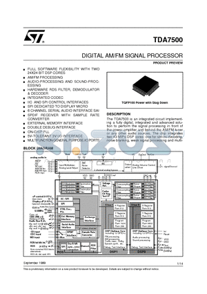 TDA7500 datasheet - DIGITAL AM/FM SIGNAL PROCESSOR