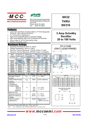 SK310 datasheet - 3 Amp Schottky Rectifier 20 to 100 Volts