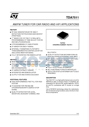 TDA7511 datasheet - AM/FM TUNER FOR CAR RADIO AND HIFI APPLICATIONS