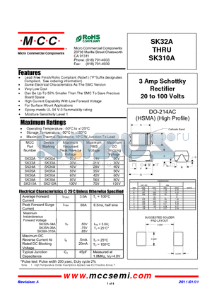 SK310A datasheet - 3 Amp Schottky Rectifier 20 to 100 Volts