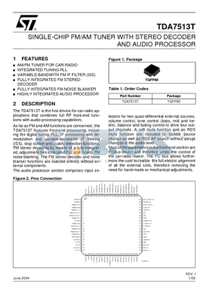 TDA7513T datasheet - SINGLE-CHIP FM/AM TUNER WITH STEREO DECODER AND AUDIO PROCESSOR