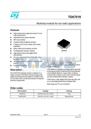 TDA7519 datasheet - MULTICHIP MODULE FOR CAR-RADIO APPLICATIONS