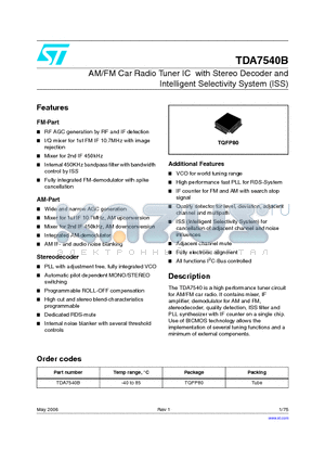 TDA7540B datasheet - AM/FM Car Radio Tuner IC with Stereo Decoder and Intelligent Selectivity System (ISS)