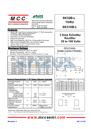 SK310B-L datasheet - 3 Amp Schottky Rectifier 20 to 100 Volts