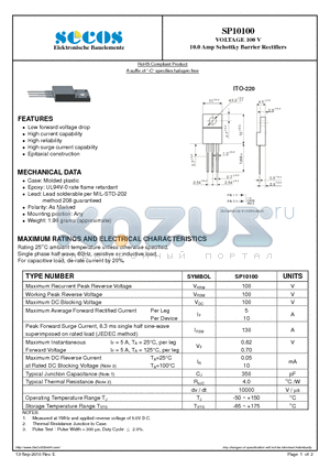 SP10100 datasheet - 10.0 Amp Schottky Barrier Rectifiers