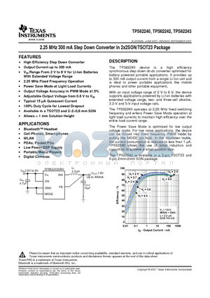 TPS62240DRVT datasheet - 2.25 MHz 300 mA Step Down Converter in 2x2SON/TSOT23 Package