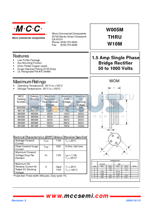 W005M_04 datasheet - 1.5 Amp Single Phase Bridge Rectifier 50 to 1000 Volts