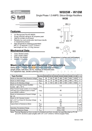 W005M_1 datasheet - Single Phase 1.5 AMPS. Silicon Bridge Rectifiers