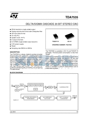 TDA7535 datasheet - DELTA/SIGMA CASCADE 20 BIT STEREO DAC