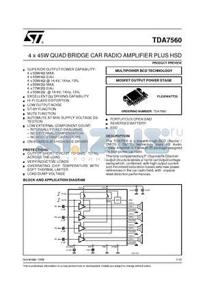 TDA7560 datasheet - 4 x 45W QUAD BRIDGE CAR RADIO AMPLIFIER PLUS HSD
