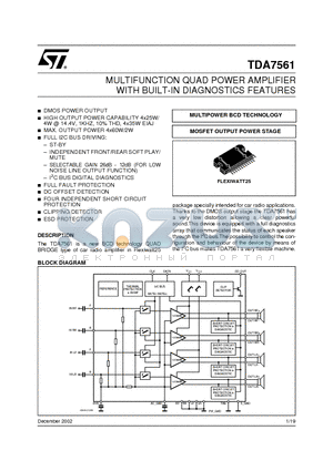 TDA7561 datasheet - MULTIFUNCTION QUAD POWER AMPLIFIER WITH BUILT-IN DIAGNOSTICS FEATURES
