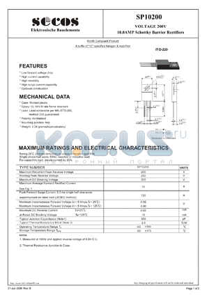 SP10200 datasheet - 10.0AMP Schottky Barrier Rectifiers