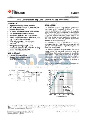 TPS62250DRVT datasheet - Peak Current Limited Step Down Converter for USB Applications