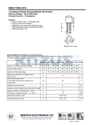 W01 datasheet - 1.5A SINGLE-PHASE SILICON BRIDGE RECTIFIERS