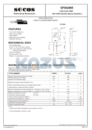 SP10200S datasheet - 10.0 AMP Schottky Barrier Rectifiers