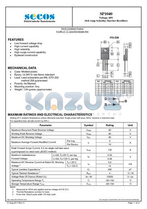 SP1040_11 datasheet - Voltage 40V 10.0 Amp Schottky Barrier Rectifiers