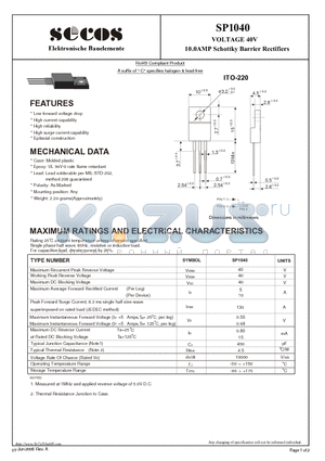 SP1040 datasheet - 10.0AMP Schottky Barrier Rectifiers