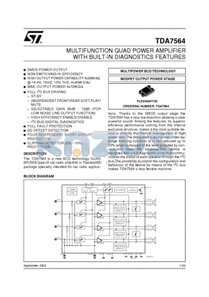 TDA7564 datasheet - MULTIFUNCTION QUAD POWER AMPLIFIER WITH BUILT-IN DIAGNOSTICS FEATURES