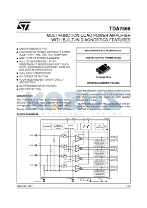 TDA7566 datasheet - MULTIFUNCTION QUAD POWER AMPLIFIER WITH BUILT-IN DIAGNOSTICS FEATURES