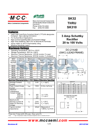 SK32 datasheet - 3 Amp Schottky Rectifier 20 to 100 Volts