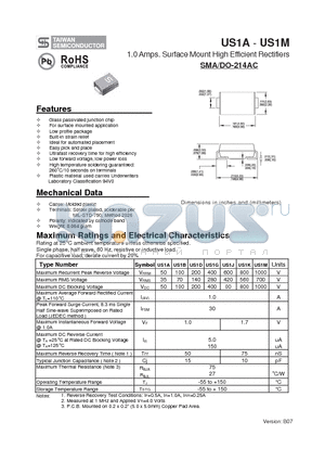 US1G datasheet - 1.0 Amps. Surface Mount High Efficient Rectifiers