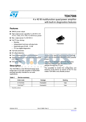 TDA7566_10 datasheet - 4 x 40 W multifunction quad power amplifier with built-in diagnostics features
