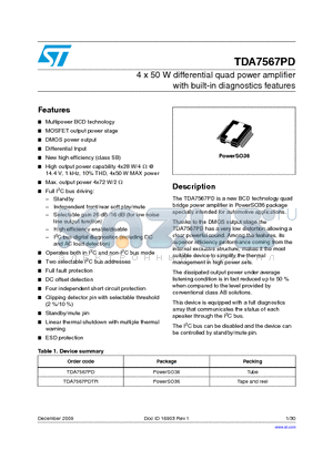 TDA7567PD datasheet - 4 x 50 W differential quad power amplifier with built-in diagnostics features