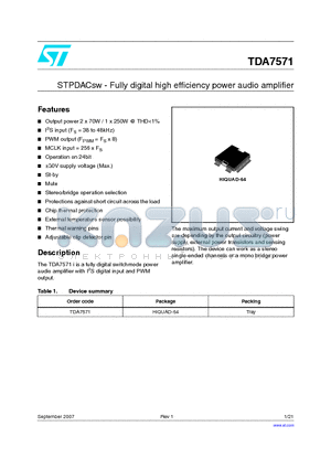 TDA7571 datasheet - STPDACsw - Fully digital high efficiency power audio amplifier