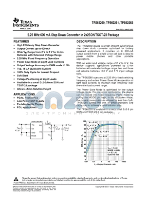 TPS62260DRVT datasheet - 2.25 MHz 600 mA Step Down Converter in 2x2SON/TSOT-23 Package