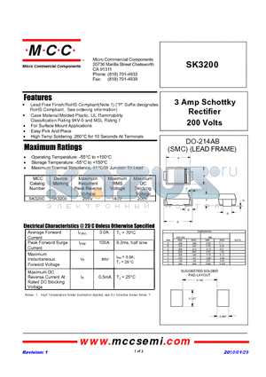 SK3200-TP datasheet - 3 Amp Schottky Rectifier 200 Volts