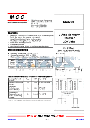 SK3200 datasheet - 3 Amp Schottky Rectifier 200 Volts