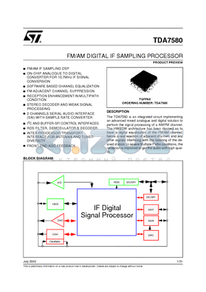 TDA7580 datasheet - FM/AM DIGITAL IF SAMPLING PROCESSOR