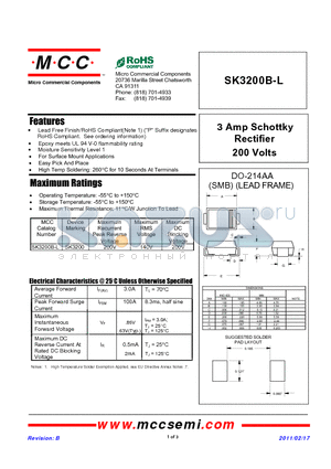 SK3200B-L datasheet - 3 Amp Schottky Rectifier 200 Volts
