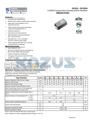 SK320A datasheet - 3.0AMPS Surface Mount Schottky Barrier Rectifiers