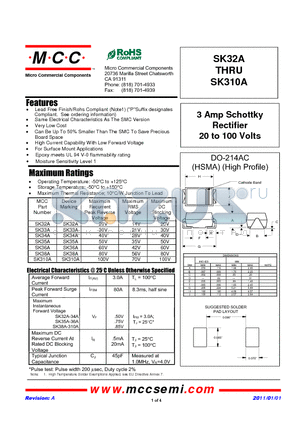 SK32A datasheet - 3 Amp Schottky Rectifier 20 to 100 Volts