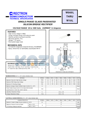 W01L datasheet - SINGLE-PHASE GLASS PASSIVATED SILICON BRIDGE RECTIFIER (VOLTAGE RANGE 50 to 1000 Volts CURRENT 1.5 Amperes)