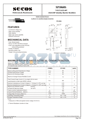 SP1060S datasheet - 10.0AMP Schottky Barrier Rectifiers