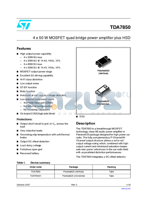 TDA7850 datasheet - 4 x 50 W MOSFET quad bridge power amplifier plus HSD