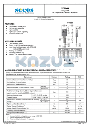SP1060_11 datasheet - Voltage 60V 10 Amp Schottky Barrier Rectifiers