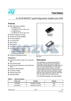 TDA7850A datasheet - 4 x 50 W MOSFET quad bridge power amplifier plus HSD
