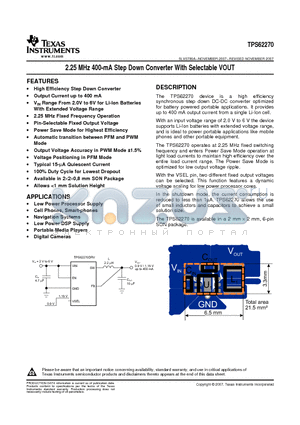 TPS62270DRV datasheet - 2.25 MHz 400-mA Step Down Converter With Selectable VOUT