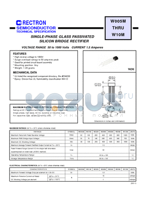 W01M datasheet - SINGLE-PHASE GLASS PASSIVATED SILICON BRIDGE RECTIFIER(VOLTAGE RANGE 50 to 1000 Volts CURRENT 1.5 Amperes)