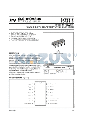 TDA7910 datasheet - MEDIUM POWER SINGLE BIPOLAR OPERATIONAL AMPLIFIER