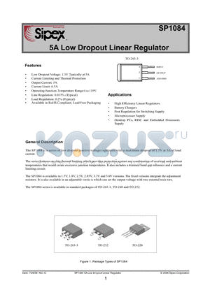 SP1084V-L datasheet - 5A Low Dropout Linear Regulator