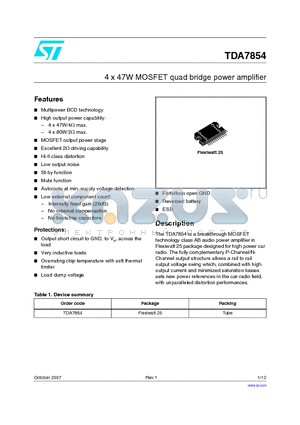 TDA7854 datasheet - 4 x 47W MOSFET quad bridge power amplifier