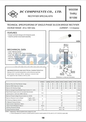 W01M datasheet - TECHNICAL SPECIFICATIONS OF SINGLE-PHASE SILICON BRIDGE RECTIFIER